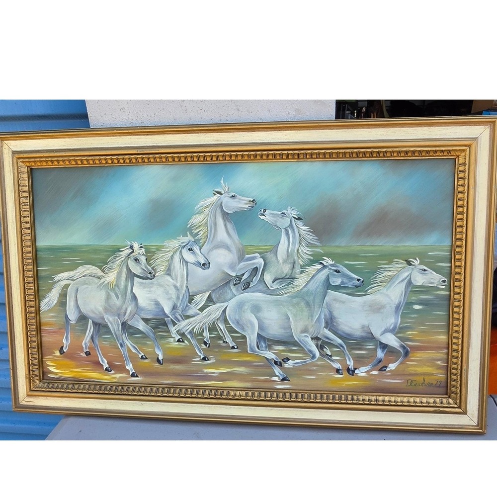 1979 Lauhorn Signed White Horses Painting Ornate Gold Wood Frame 31x19 Vtg retro